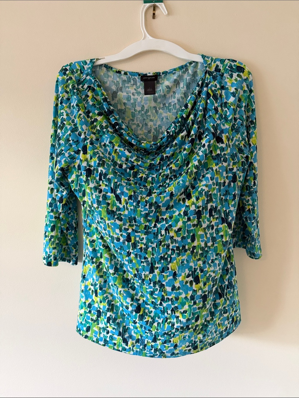 Ann Taylor Factory Blue Green Abstract Cowl Neck Long Sleeve Top